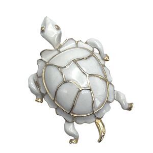 Vintage Turtle Enameled Brooch Pin White Gold 2 Inch